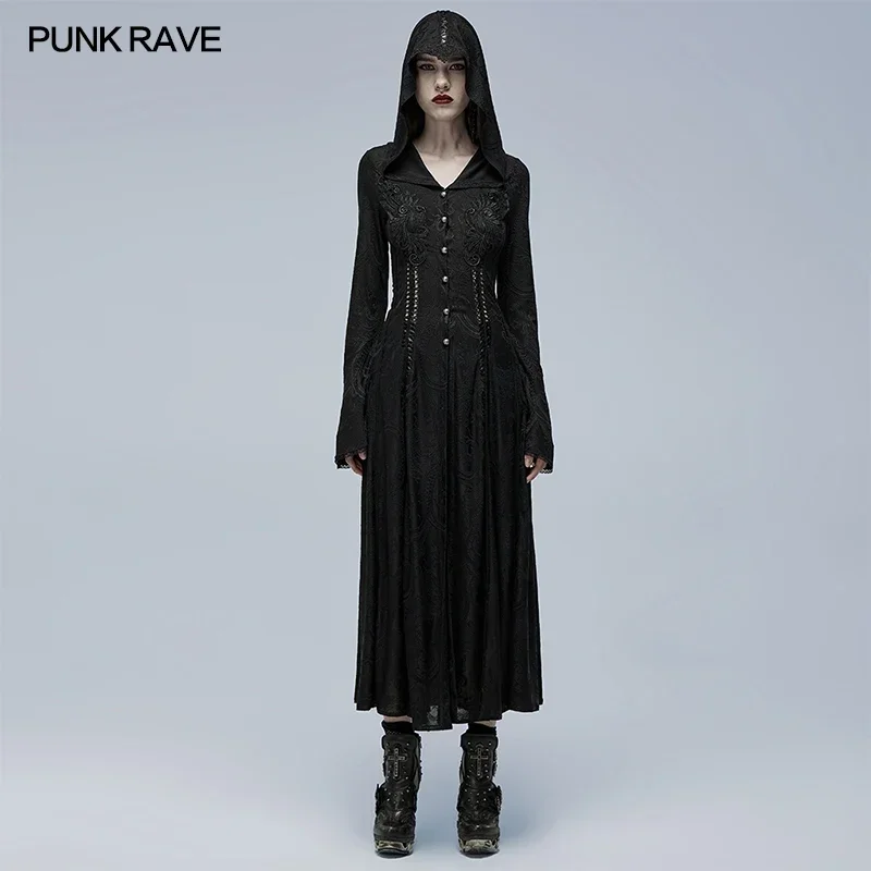 

PUNK RAVE Women's Gothic Exquisitely Embossed Cut-out Applique Jacket Fashion Party Club Palace Women X-Long Coat Dress Woman