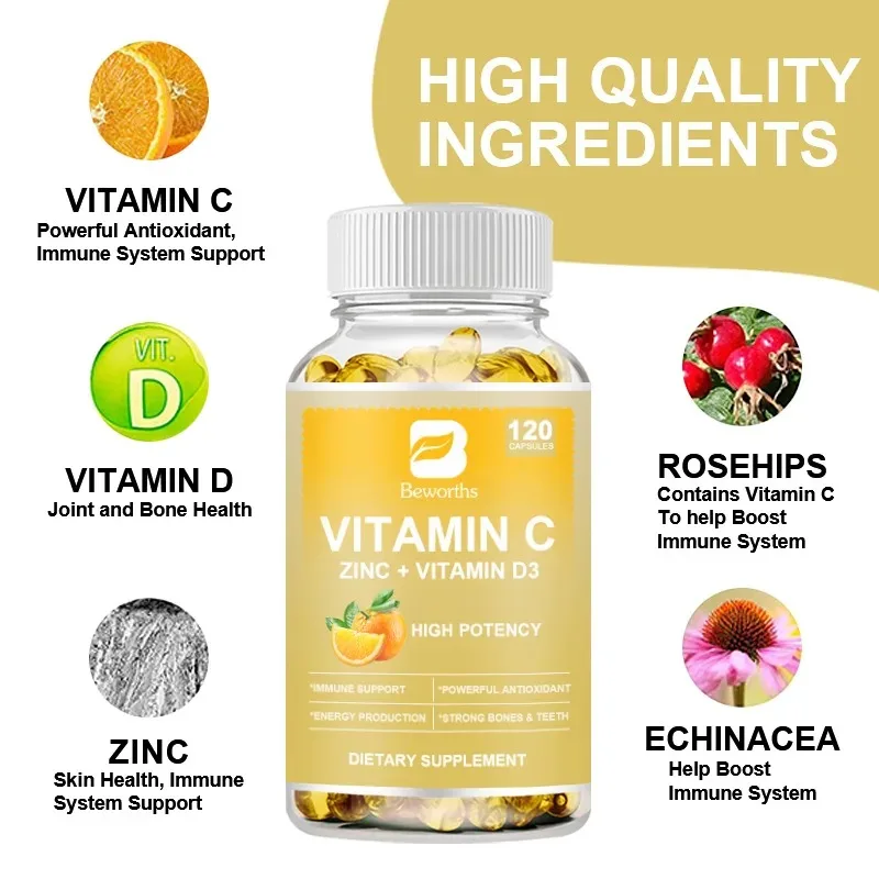 Minch 2000mg Vitamin C & Zinc 40mg & Vitamin D3 Strong Antioxidant Collagen Booster Anti-Agingand Skin Health Care Supplements