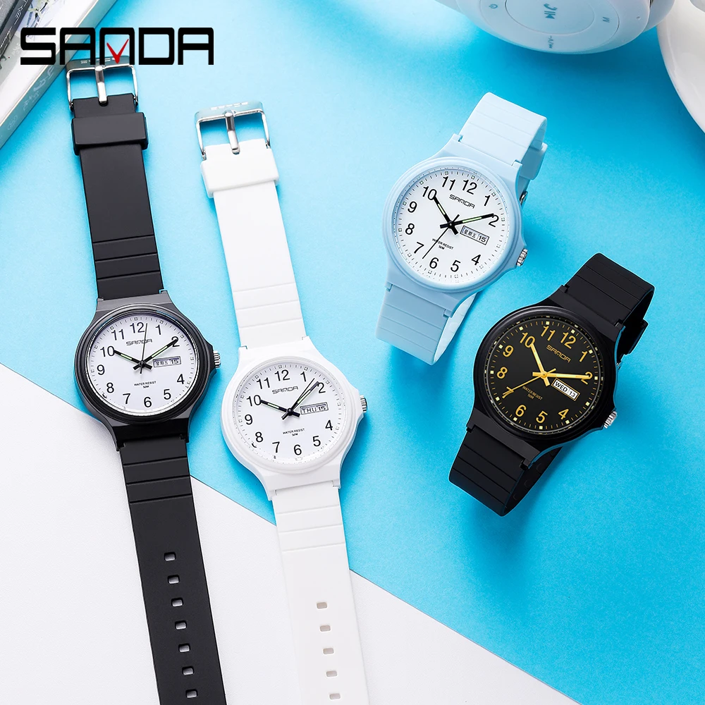 SANDA Top Brand Luxury Women Watches Casual Fashion Quartz Watch Ladies TPU Strap Waterproof Week Date Wristwatch