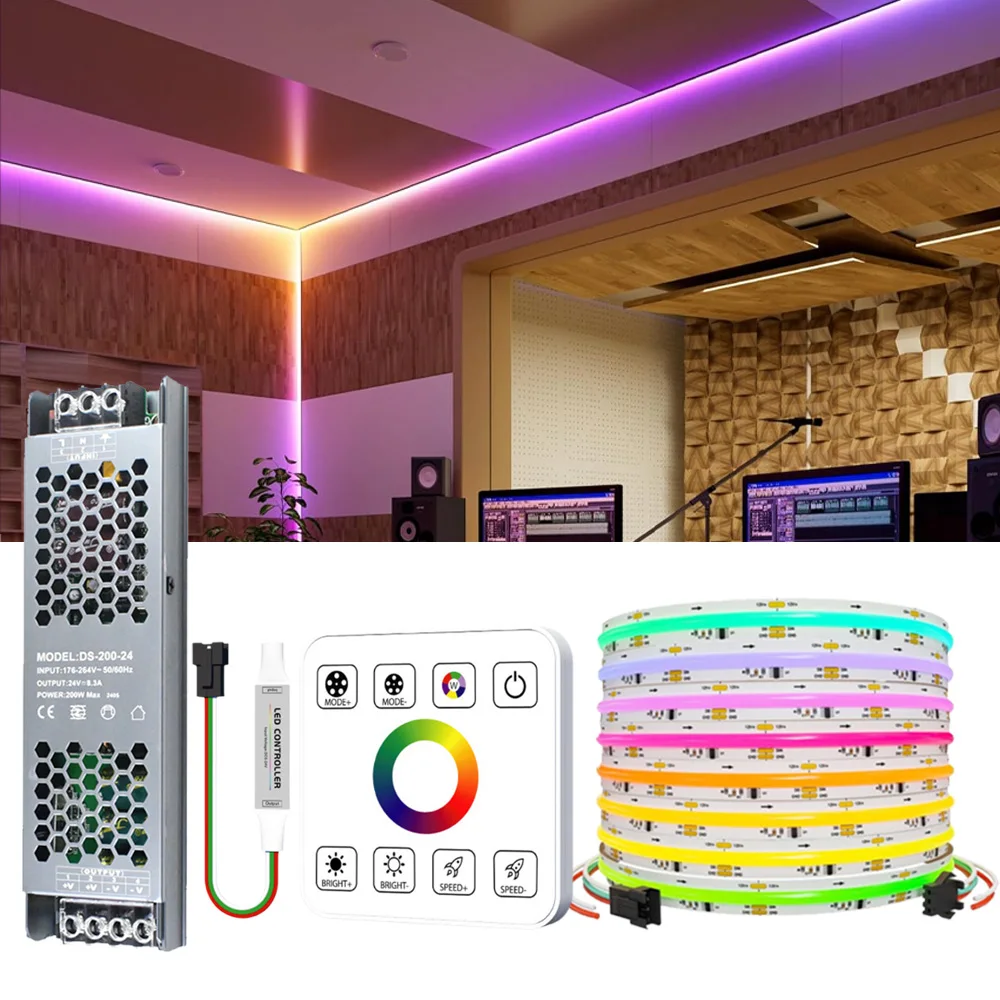 10m 20m COB RGBIC LED Strip 24V Dream Color Running Water Flowing Light Room Party Game Decor RF Touch Wall Panel Remote Control