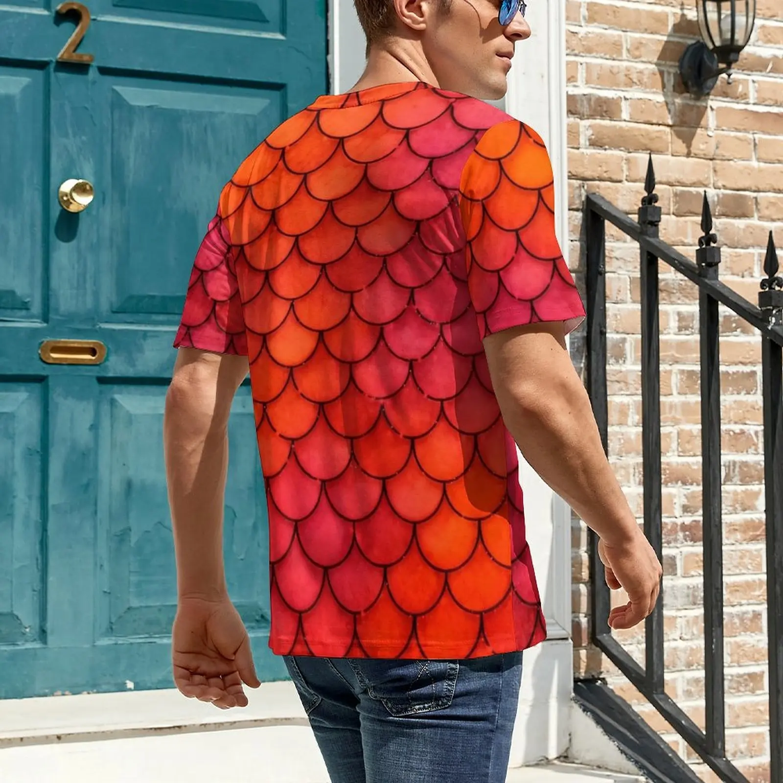 Man Red Orange Mermaid Scale T Shirt Popular T-Shirts Short-Sleeve Graphic Tshirt Hot Sale Summer Street Style Plus Size Top Tee