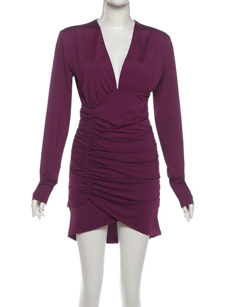 EOENKKY Sexy Diepe V-hals Slanke Geplooide Strakke Lange Mouw Jurk Vrouwen Elegante Bodycon Party Club Avondjurk Strakke Mini Jurk