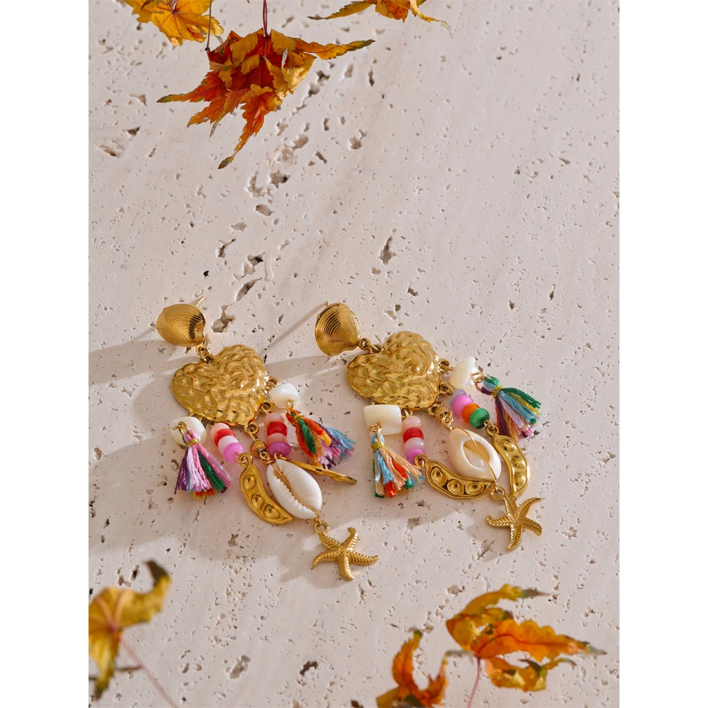 Yhpup Exquisite Metal Heart Seashell Starfish Tassel Dangle Handmade Earrings Gold Color Stainless Steel Arrivals Jewelry Gift
