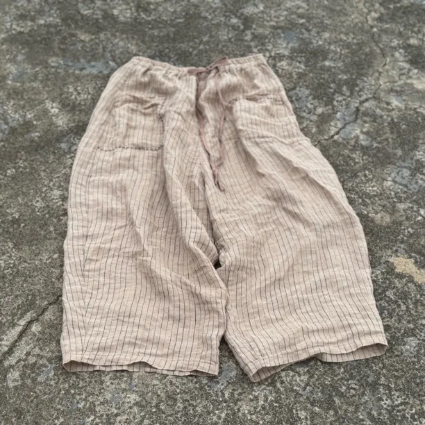 

Casual Striped Wide Leg Pants Women's Loose Fit Straight Cut Linen Elastic Waist Versatile Slimming Summer Faion Breathable