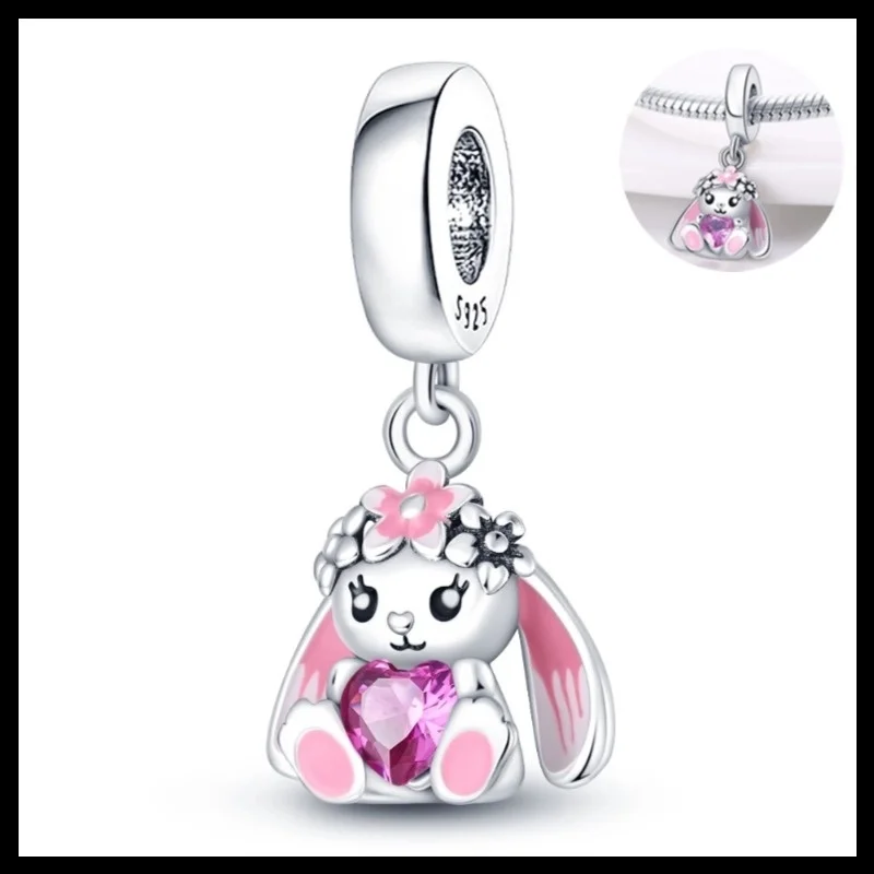 925 Sterling Silver Cute little bunny Charms Pendant with Cubic Zirconia,Fit DIY bracelet necklace Gift for Her,Colgante Plata