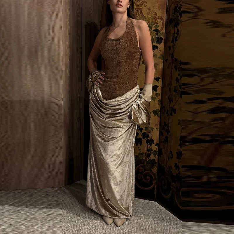 

Luxury Velvet Ruched Maxi Dress Halter Sparkly Bodice Two Piece Dress High Waist Floor Length Formal Party Dress