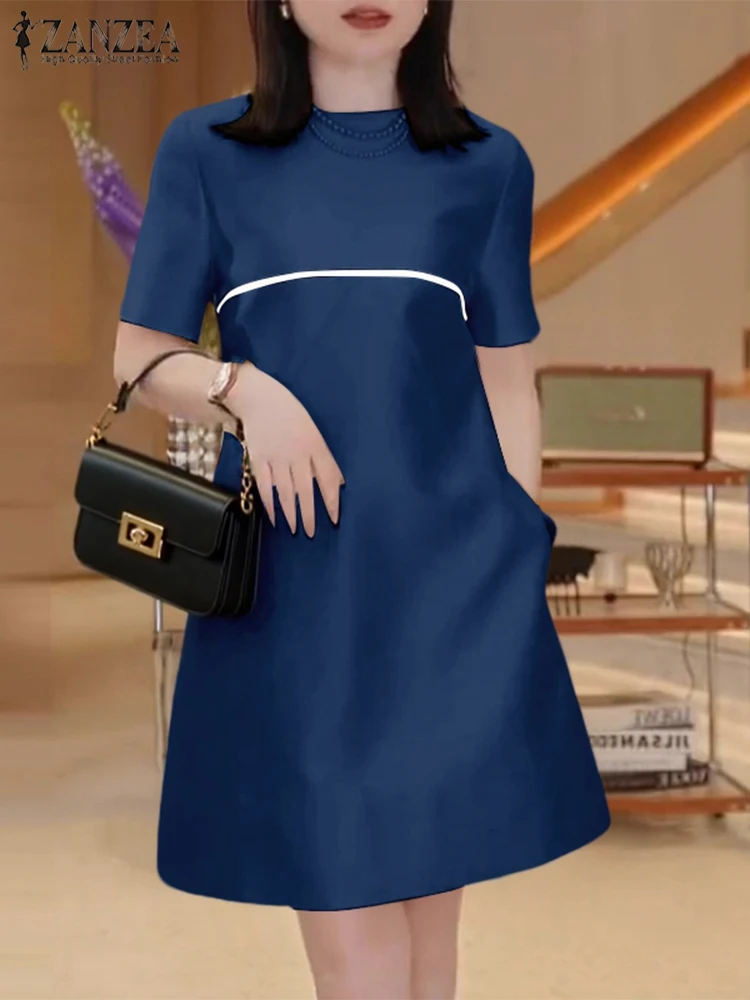 فستان ZANZEA 2025 صيفي قصير للنساء موضة المكتب كورية برقبة دائرية رداء فضفاض غير رسمي من الساتان فستان صيفي قصير ملابس الشارع #1
