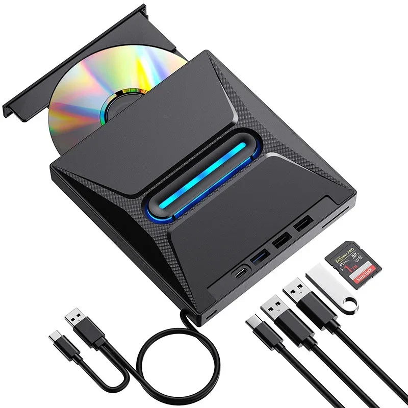 External CD DVD Burner,Blu Ray Burner, CD/DVD+/-RW Drive SD Card Reader, CD ROM Burner, DVD Player Hub-Co for Laptop Desktop