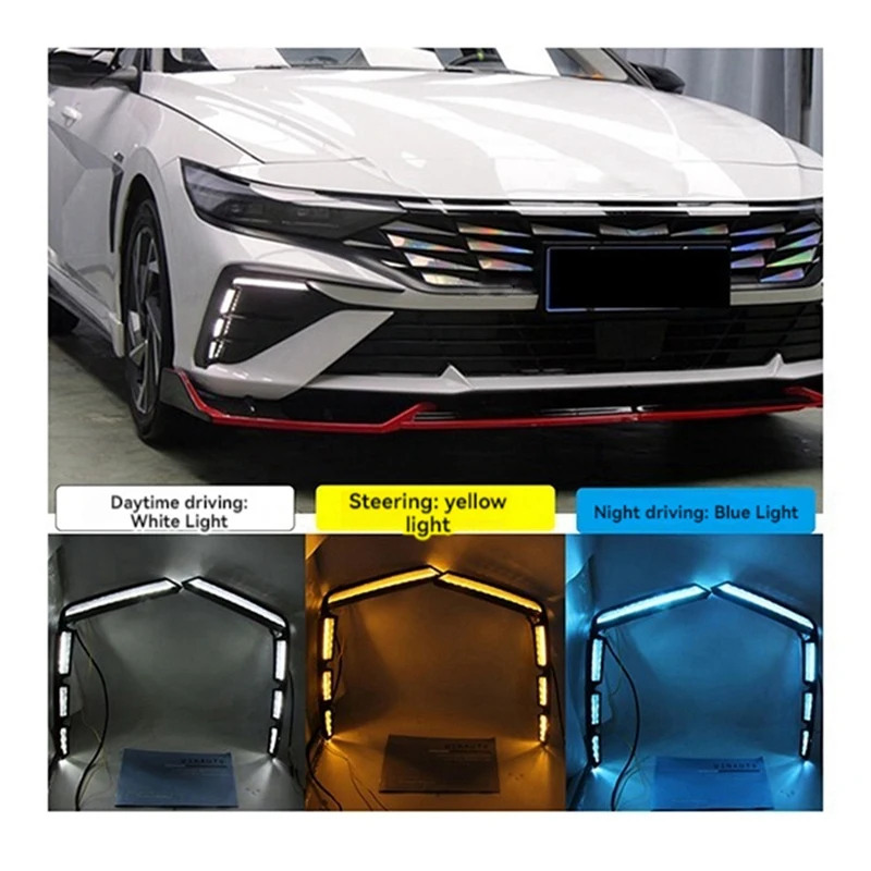 Car DRL Daytime Running Light LED Fog Lamps Tri-Color Light For Hyundai Elantra 2023-2024 Turn Signal Light