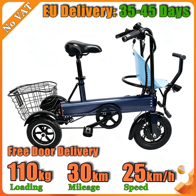 250W 3 Wheel Foldable E Tricycle With Kids Seat 30KM Long Range 12 Inch Shock Absorbing Tire Dual Brake Scooter Anti-Slip Tire