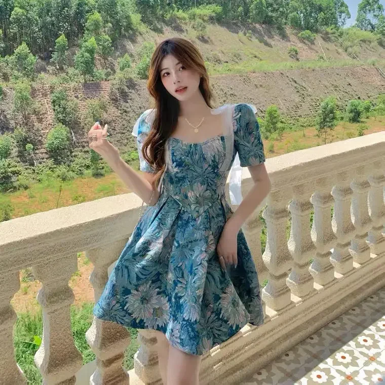 

2025 Summer Vintage Dress for Women Girl Slim Mini Dress Korean Fashion Style Square Collar Sweet Fairycore Aesthetic Clothes
