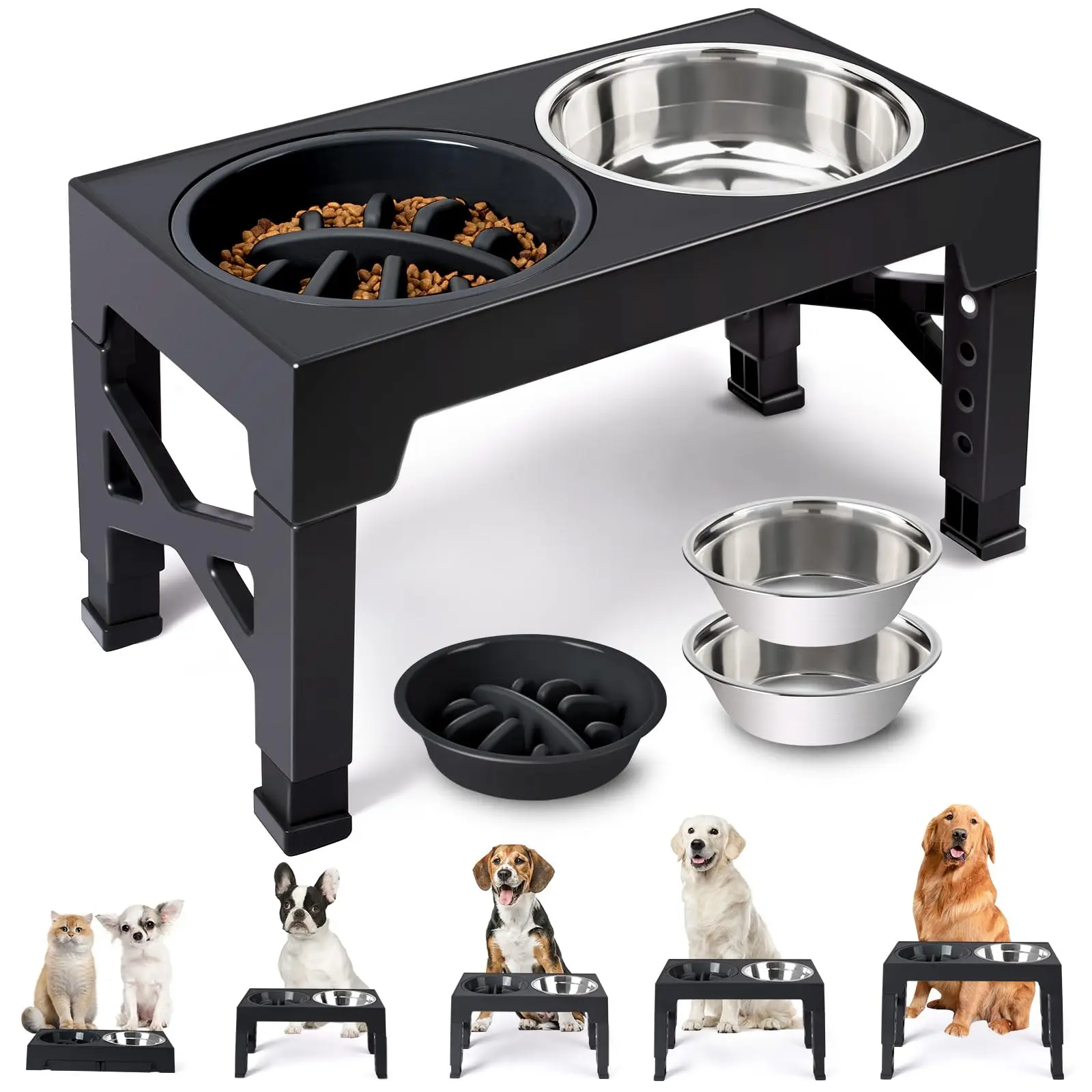 

Elevated Dog Feeder Bowls Adjustable Raised Stand with Double Stainless Steel Food Water Bowls Small Medium Large Dogs