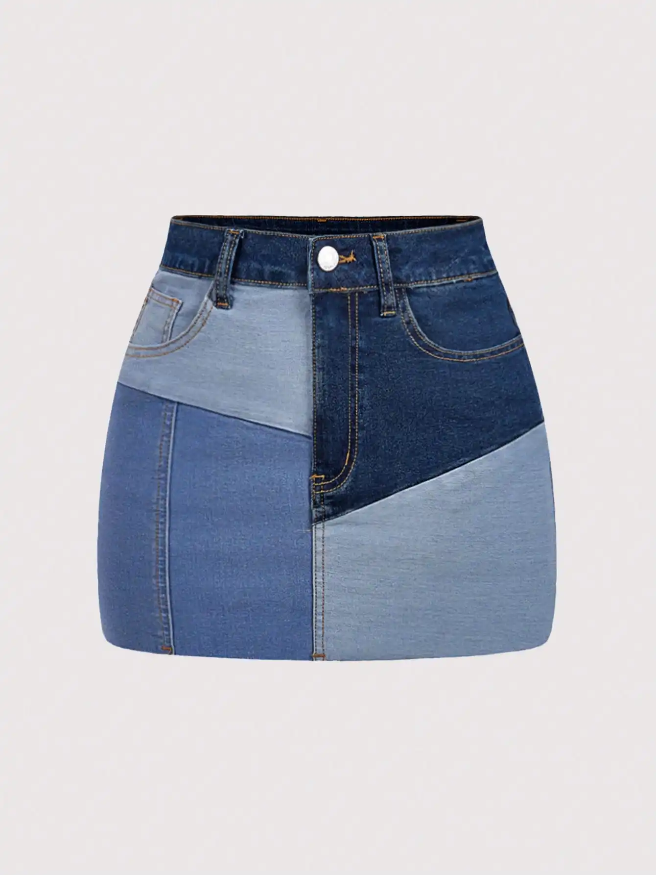 

Women's Patchwork Mini Denim Skirt with High Waist and Asymmetrical Design