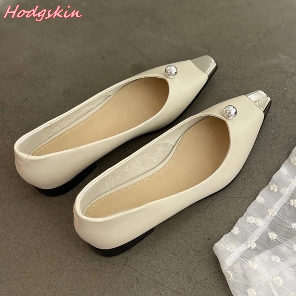 Metal Square Toe Shallow Flat with Shoes Women Pearl Low Top Slip On Shoes Spring Autumn Office Lady Casual Leisure Shoes