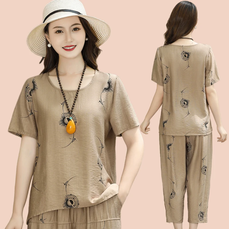 

Summer Casual Loose Women's Faion Print Top And Nine-Piece Pants Set ort Sve Mom Clothes Middle-Aged And ly Women...