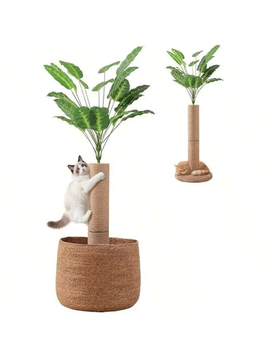 

62 Inch Tall Cat Scratching Post With Foldable Woven Basket And Artificial Banana Leaf Tree Design