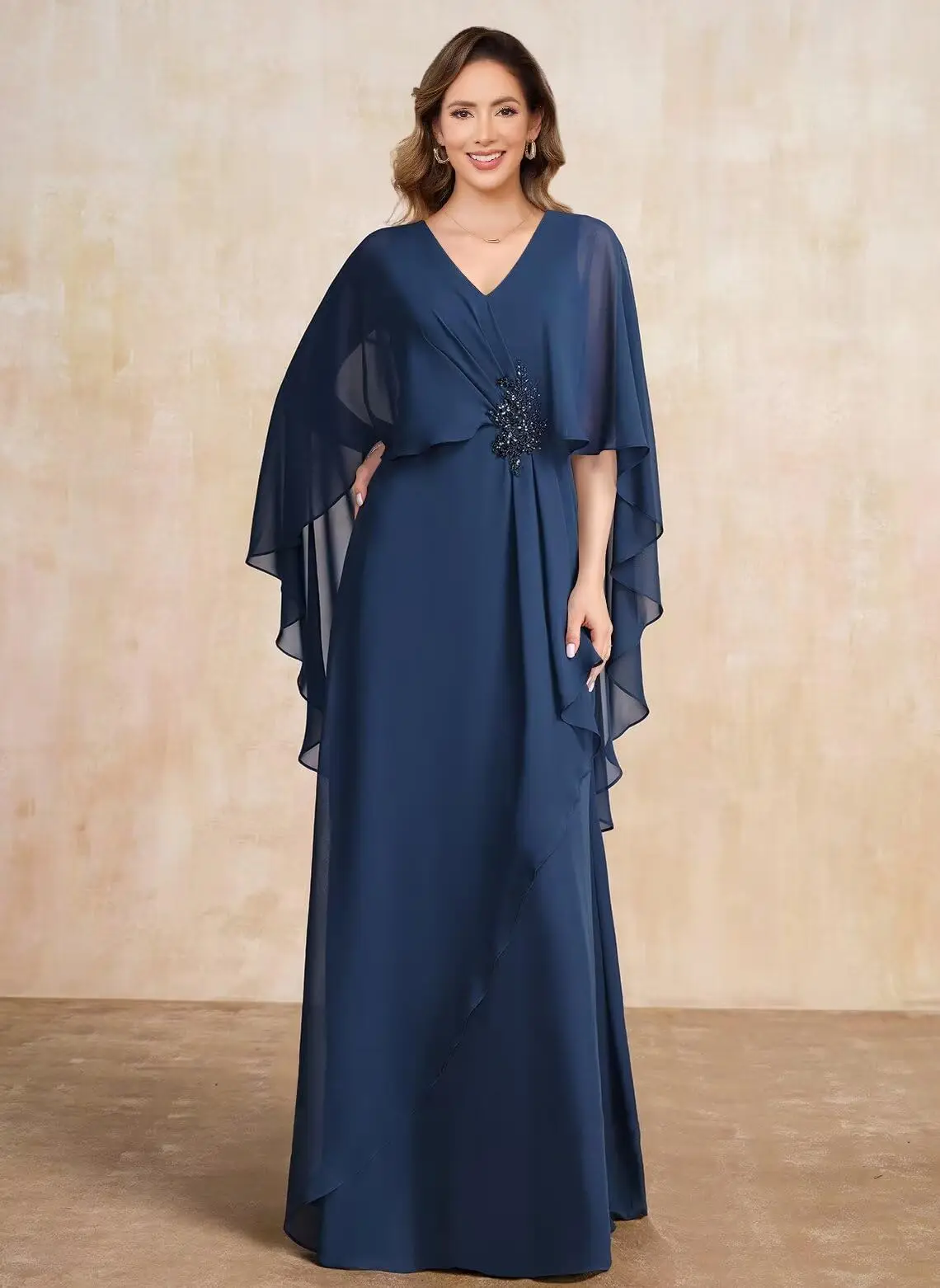 فساتين أم العروس برقبة على شكل V للسيدات مكشكشة وأكمام قصيرة من الشيفون فساتين سهرة رسمية طويلة