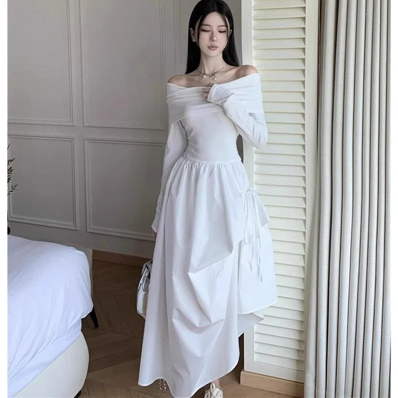 2025 New Lady Sexy One Shoulder Vacation Dress Spring Women Solid Color Ruched Dress Female Chic Korean White Slim Fit Dress