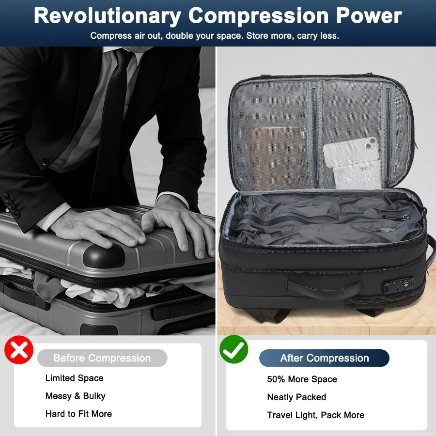 حقيبة ظهر مفرغة للسفر - حقيبة ظهر قابلة للتوسيع سعة 60 لترًا مع مضخة تفريغ وقفل TSA ومقصورة كمبيوتر محمول مقاومة للماء #2