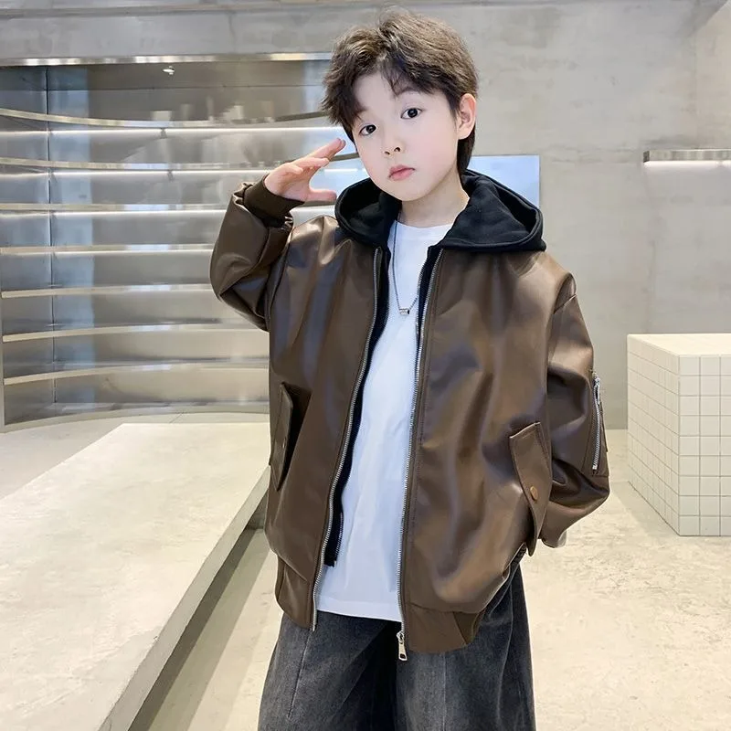 

Новинка 2023 года, весенне-осеннее кожаное пальто для мальчиков, детская стильная непромокаемая куртка для больших детей, весенняя модная одежда для маленьких мальчиков