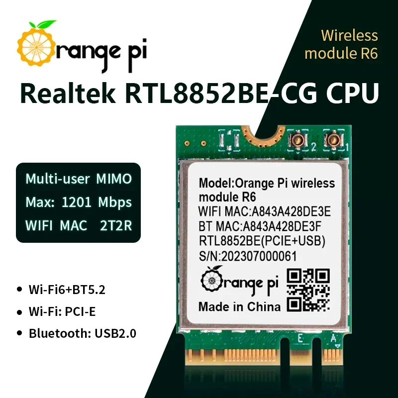 Orange Pi R6 WiFi Module for OPi 5 Plus Board 2.4G/5G Dual Band Wi-Fi6+BT5.2 with PCIE M.2 E-Key Interface Wireless Module