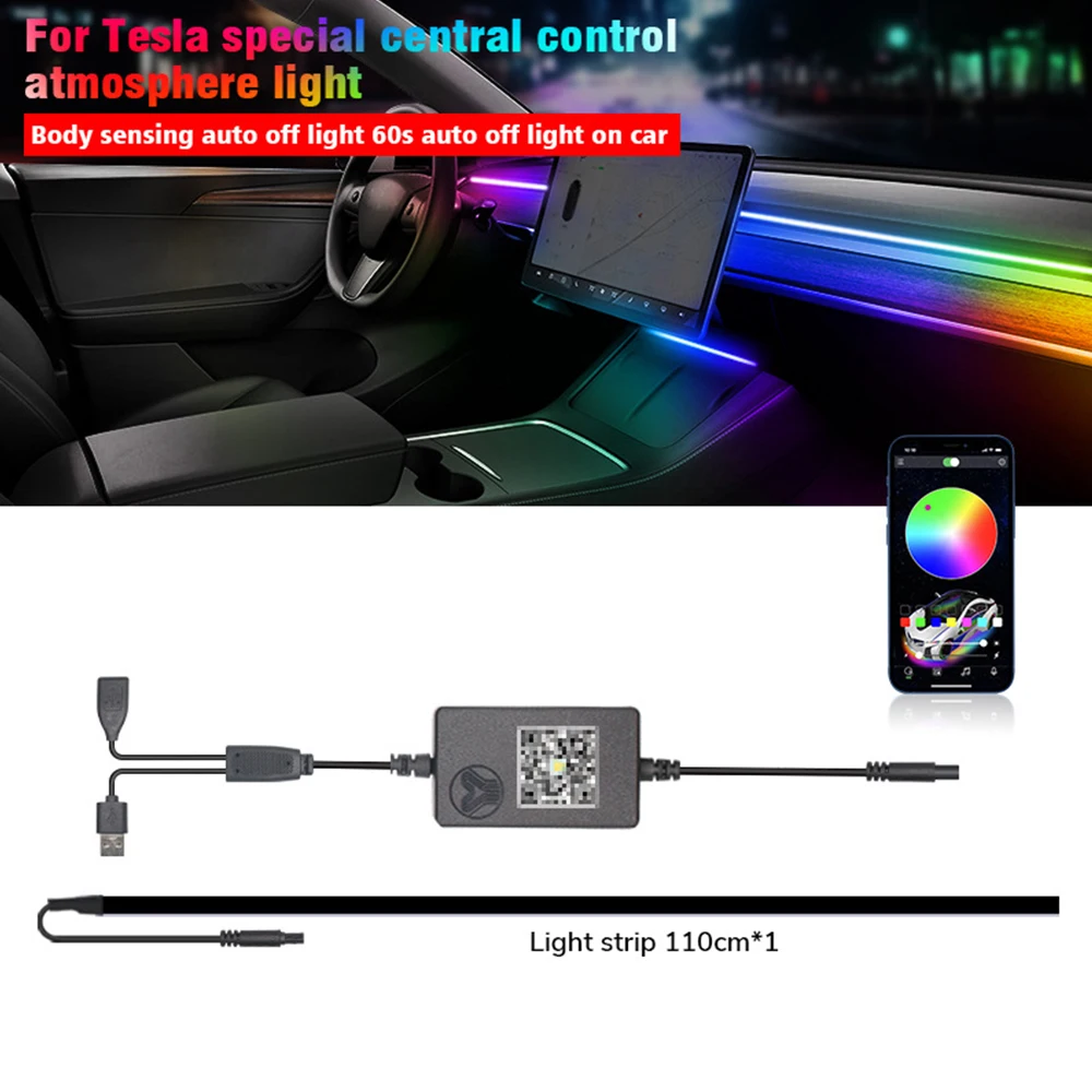 Ambient Light For Tesla Model 3 Y RGB Center Console Dashboard Wireless Charging Neon LED Light Strip Rhythm USB APP Control