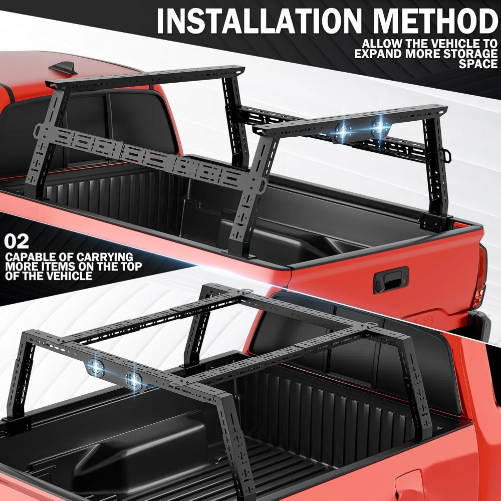 Adjustable Truck Bed Rack 16-24.8 Inches High, Cargo Carrier with LED Lights, Compatible for Various Truck Models