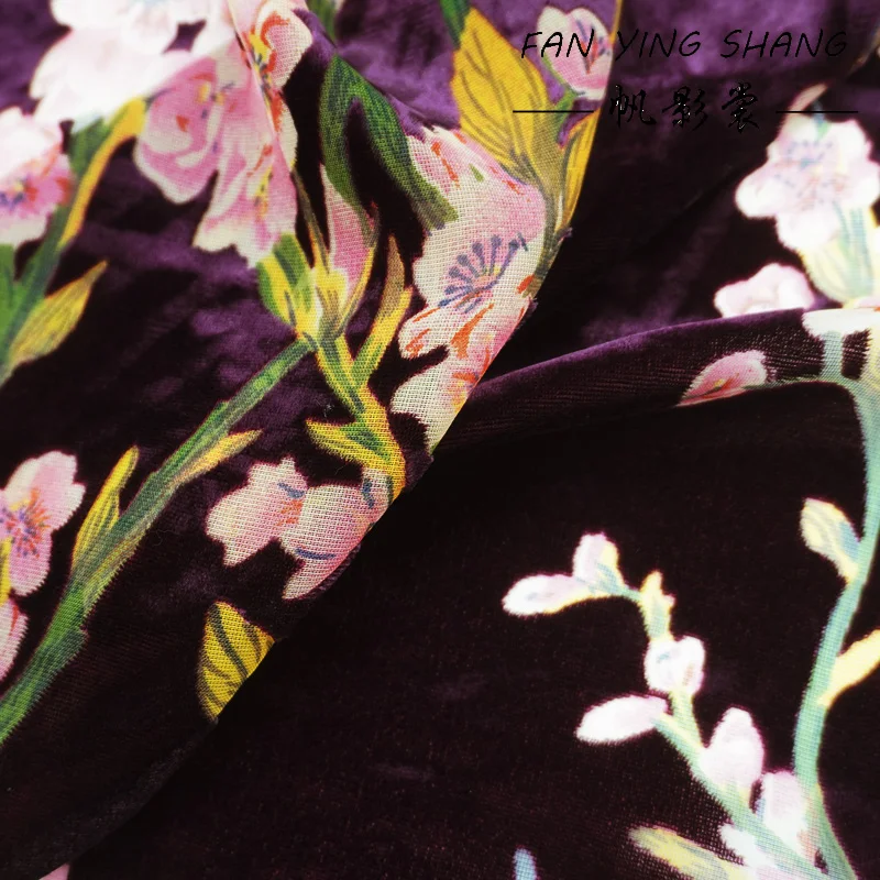 Tela de terciopelo quemado con estampado de flores de durazno y base morada 2026 para vestidos y camisas, telas para costura, tissus couture, ткань
