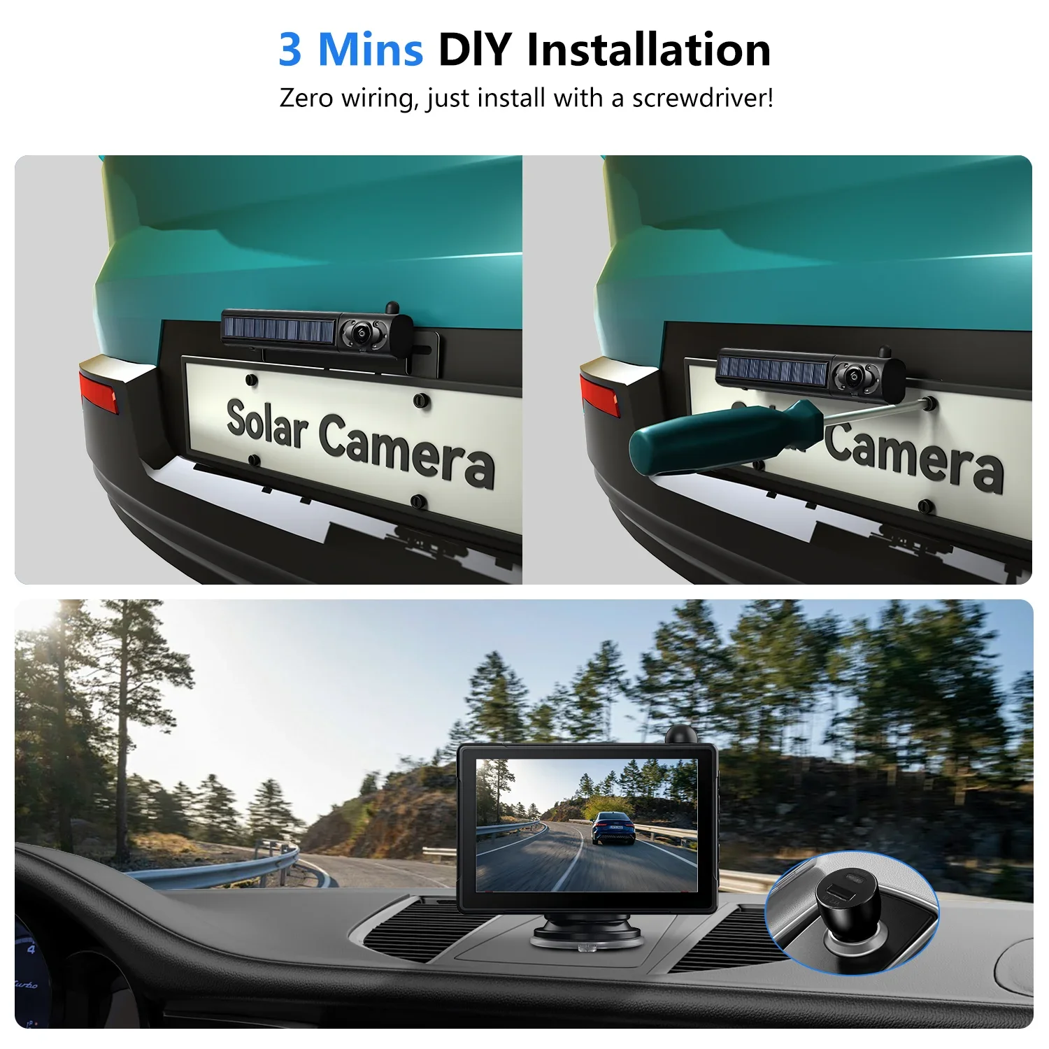Solar Wireless Backup Camera System with 5' 1080P HD Monitor 5000mAh Battery IP69K Waterproof 3 Min DIY Installation for Vehicle