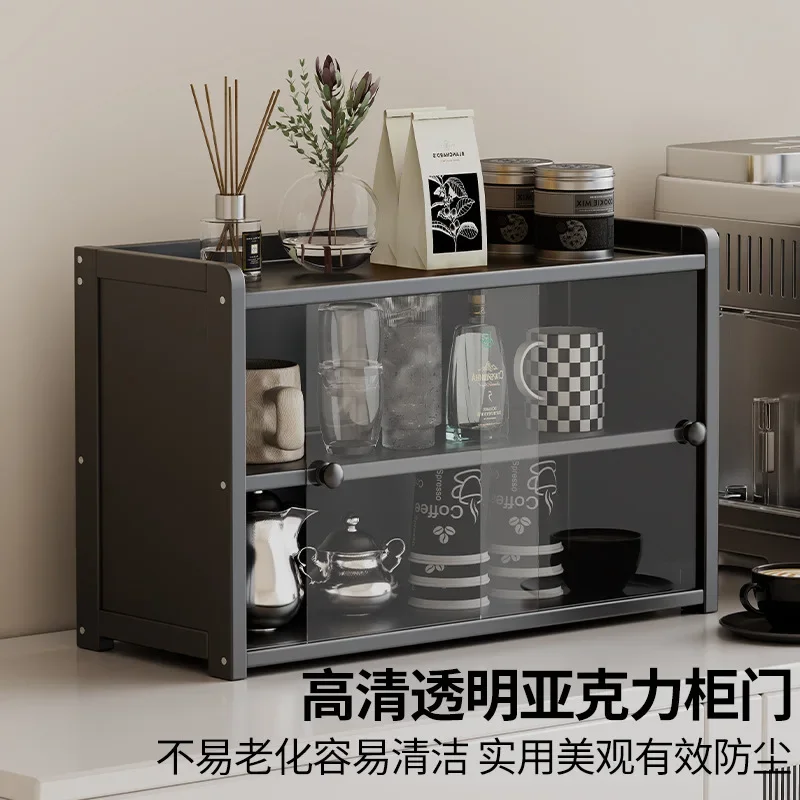 Desktop Cup Holder Storage Rack with Sliding Door Dust-proof Locker Dining Table Countertop Coffee Mug Display Rack