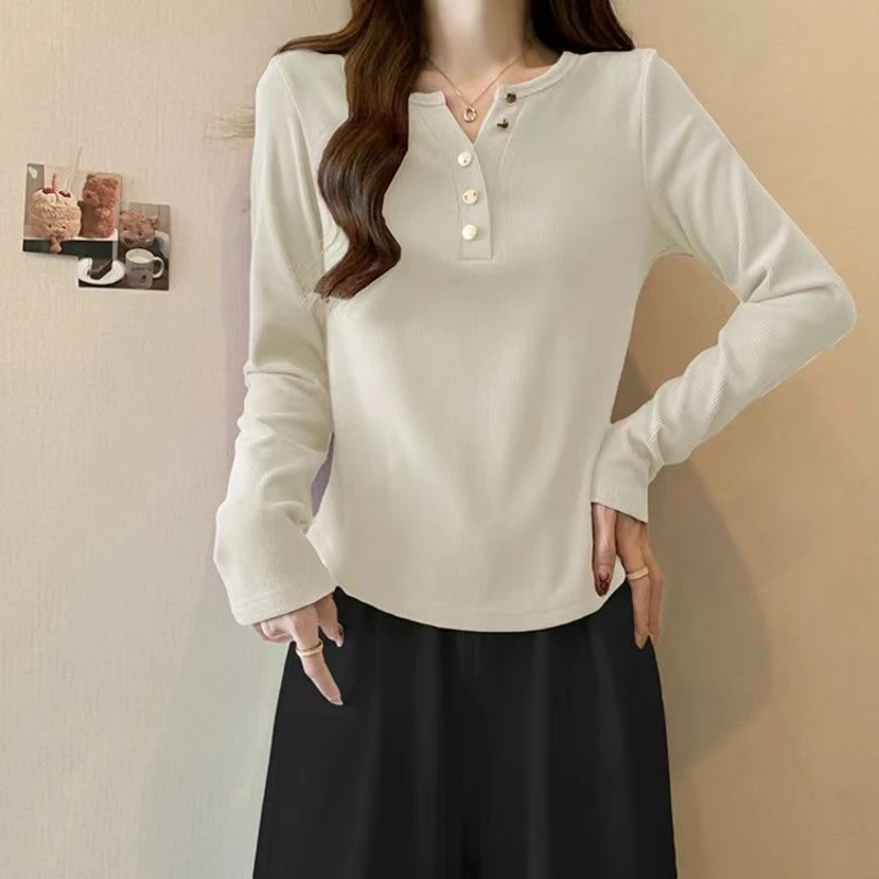 

Sweet Alluring Cotton Straight Shoulder Long Sleeve T Shirt Women Half Open Collar Casual Basic Top Spring Autumn Slim Fit Trend