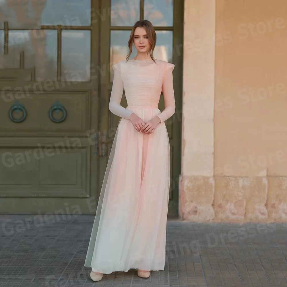 

Simple A Line Women's Evening Dresses Long Sleeve O Neck Prom Gowns Vestidos Para Mujer Customized Formal Party Robe De Soirée