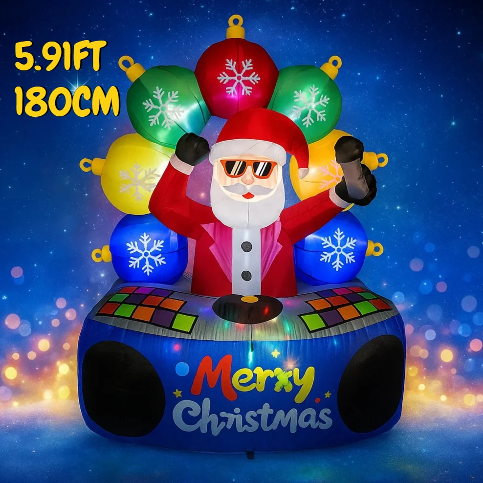 Juguete inflable de 5,91 pies para DJ, Papá Noel, luces LED, adornos de decoración, suministros de regalos, decoraciones inflables para patio, decoración de patio de Navidad