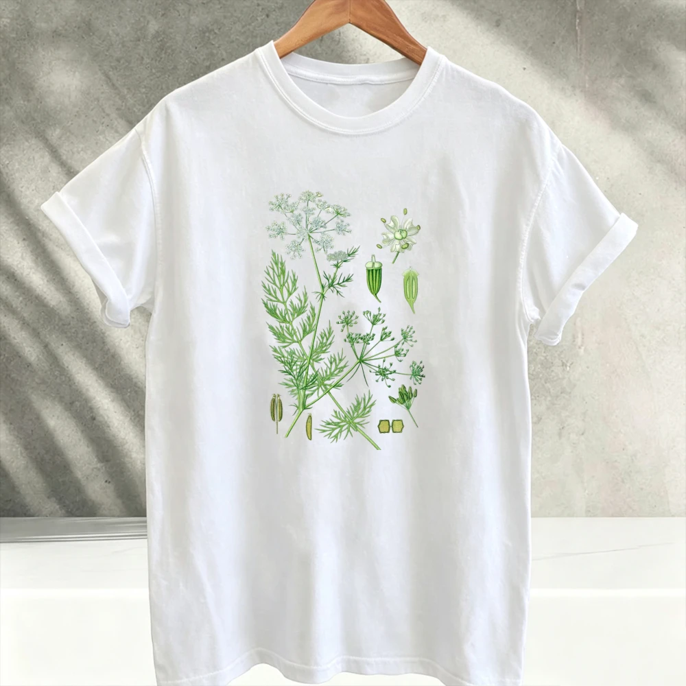 Vintage Botanical Herb Plant Diagram Watercolor Graphic T‑Shirt Men Green Botanical Science Floral Art Tee Casual Crew Neck Tops