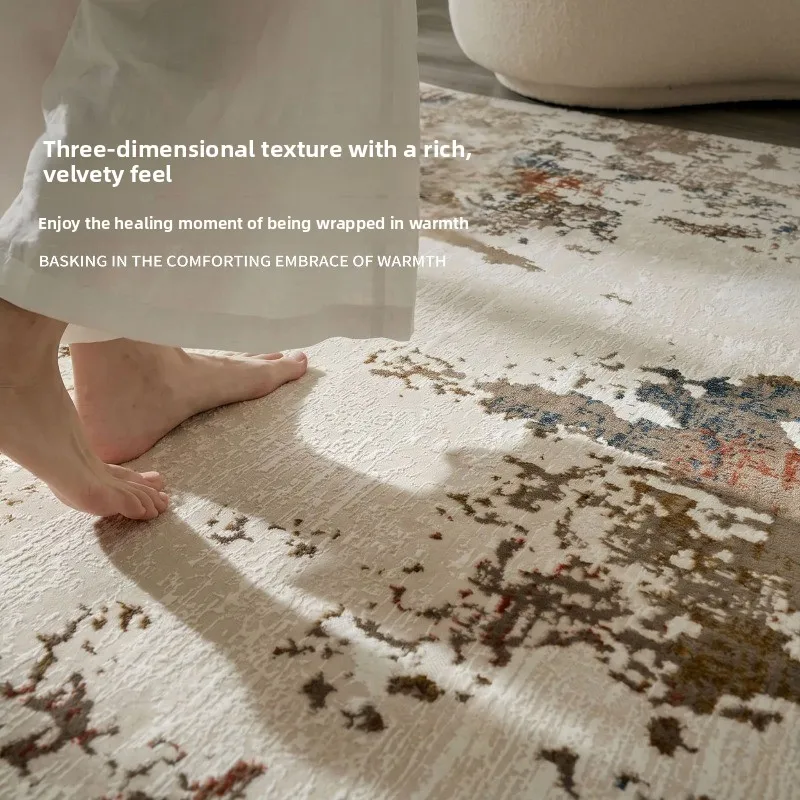 The living room rug is vintage, abstract, lightly luxurious, high-end, and versatile