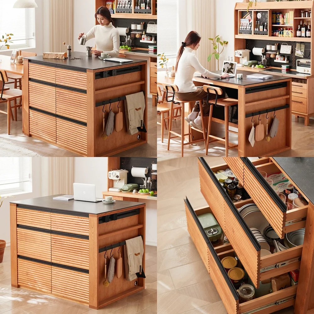 Nordic Solid Wood Island Cabinet for Living Room Dining Room Bar Counter Rock Slab Storage Locker Integrated Kitchen Island