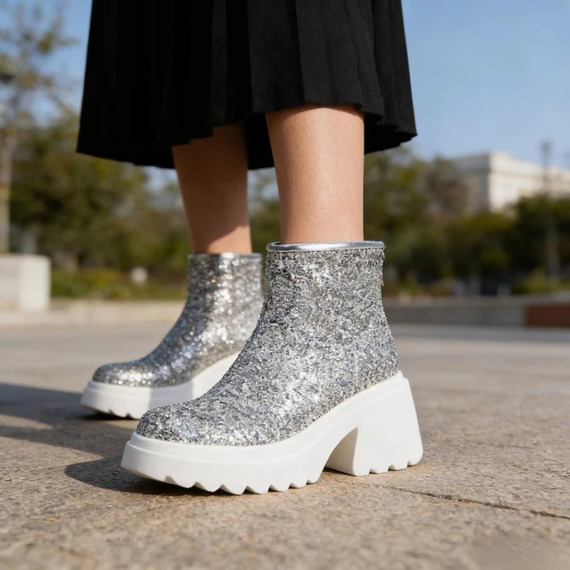Sequin Fabric Material Table Super High Thick Heel Thick Sole Women's Short Boots Back Zipper Sweet Style Ankle Boots