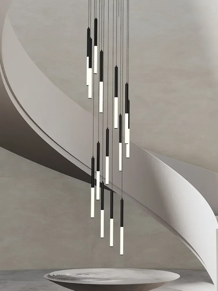 Modern LED Creative Black Round Tube Design Chandelier Duplex Loft Stair Hanging Stair Lamp Home Interior Lighting Decoration
