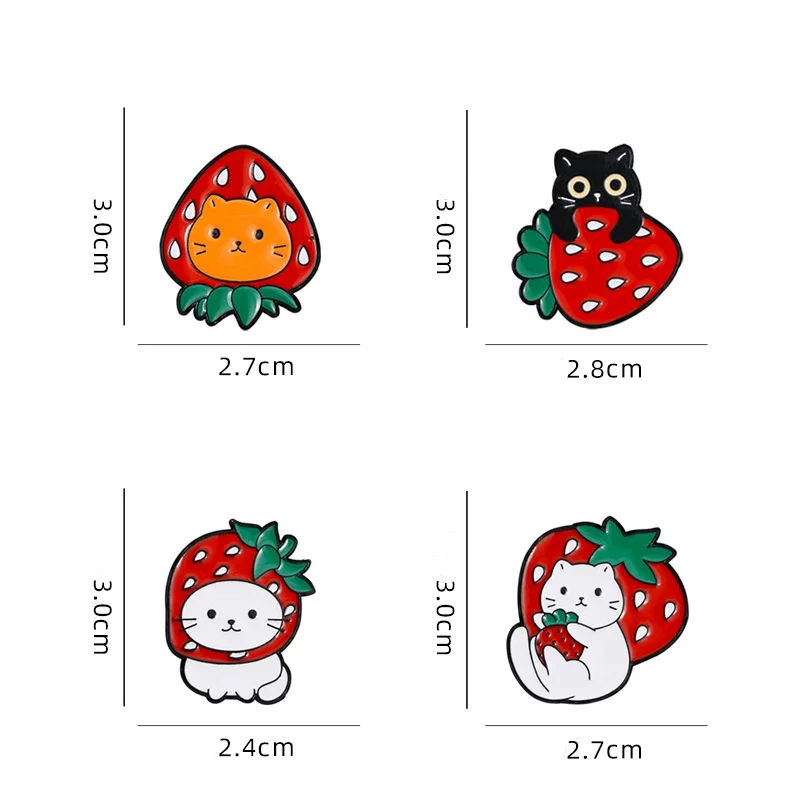 4pcs Cute Cartoon Strawberry Cat Enamel Brooch Creative Funny Fruit Animal Lapel Pin Badge Backpack Clothing Hat Accessories