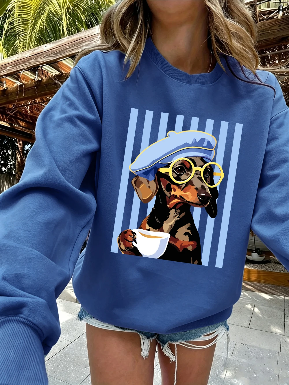 Dackel-Illustrationsdrucke, Sweatshirts für Damen, Winter-Fleece, warme Kapuzenpullover, Rundhalsausschnitt, lockere Oberteile, Basics, sportliche Damenbekleidung – Detail 18