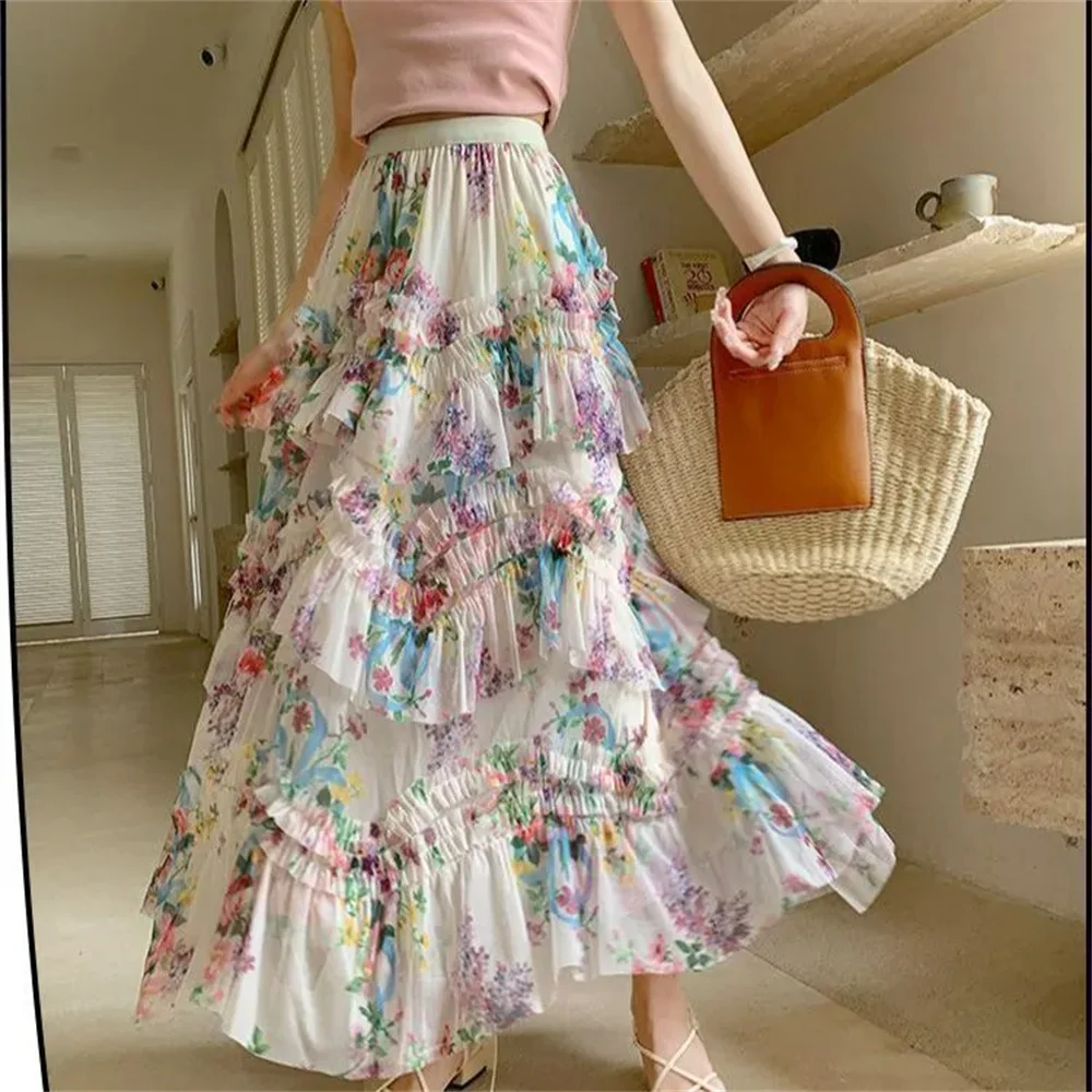 Flower Print Irregular Mesh Floral Mesh Long Skirt Women Spring French Elegant Style High Waist A-line Ruffle Tulle Skirts New