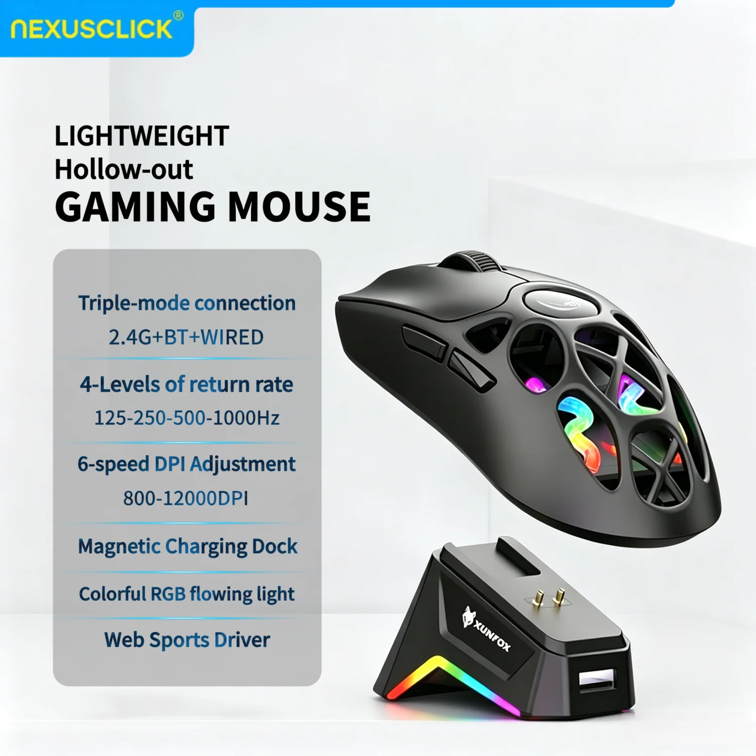 NexusClick H16PRO Wireless mouse, three-mode connection 2.4GHz/ wired/Bluetooth 1000HZ 12000DPI RGB magnetic charging dock mouse