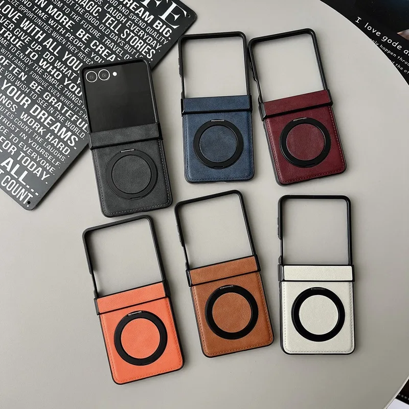 Schutzhülle aus Leder mit Scharnierschutz für Samsung Galaxy Z Flip 8 7 6 5 4 3, 360° drehbarer Ringständer, magnetische, harte Handyhülle, stoßfest