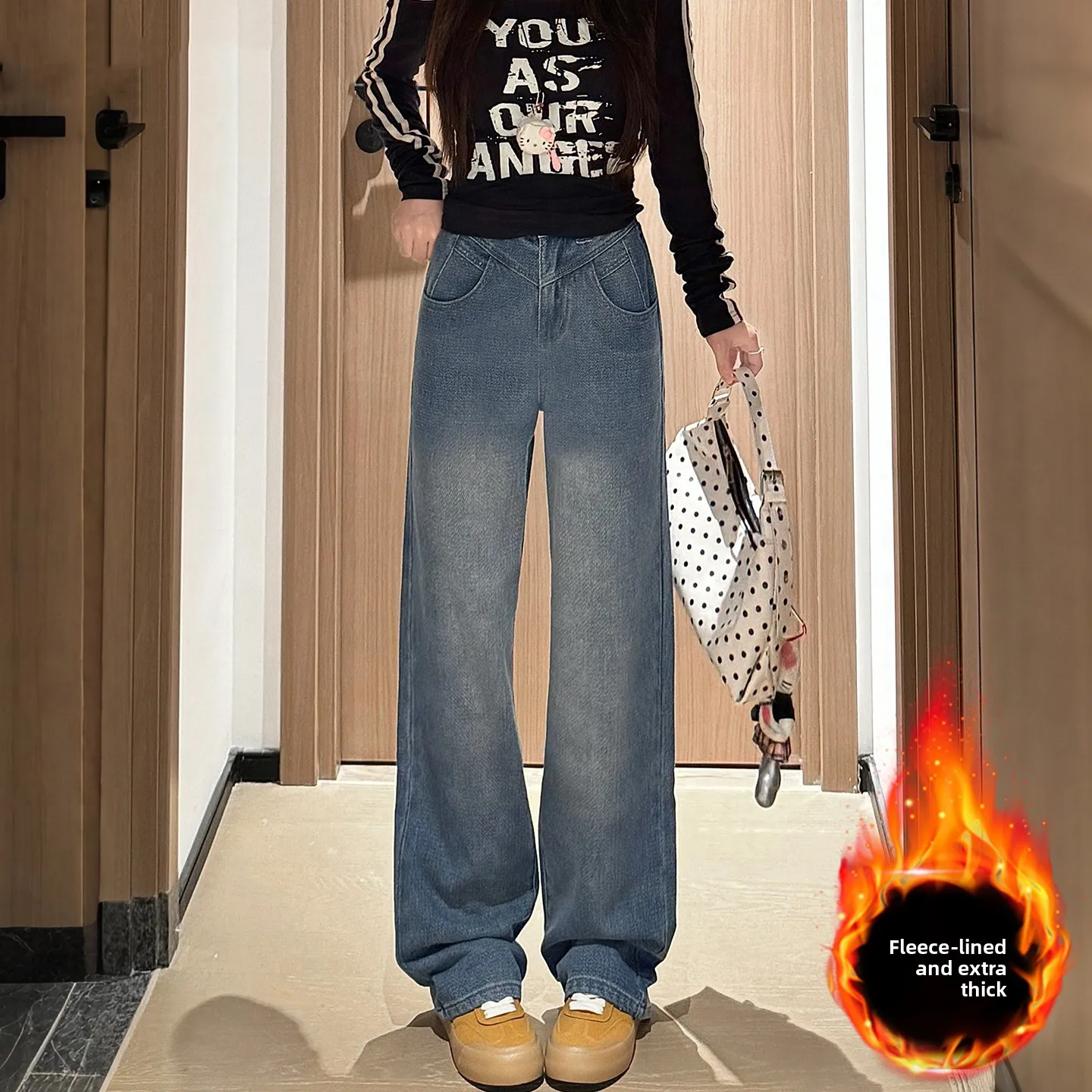 

Thiened Fce Wide Leg Retro Denim Jeans Women Loose Slimming Bootcut Pants Winter Warm High Waist Cotton Stretch Jeans