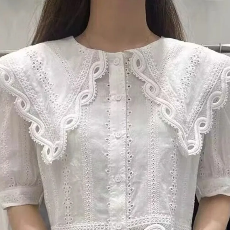 Neploe Elegant Puff Sleeve Shirts Women Y2k Cute Peter Pan Collar Ruffles Blouses Summer New Lace Hollow Out  Blusas Mujer