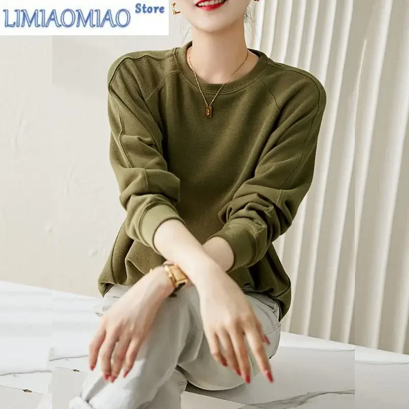 Autumn Fashion Solid Color Loose All-match Sweatshirts Women Bottoming Shirt New Classic Long Sleeve O-collar Lady Top