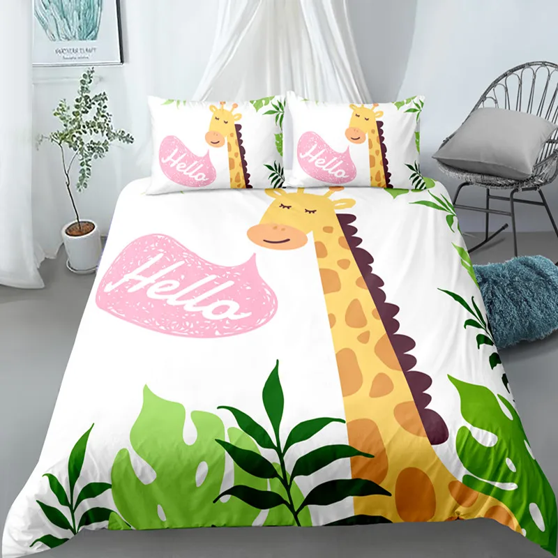 Kawaii Cartoon Giraffe Bedding Set Children 2/3pcs Single Double King Queen Duvet Cover With Pillowcase Kids Bedclothes