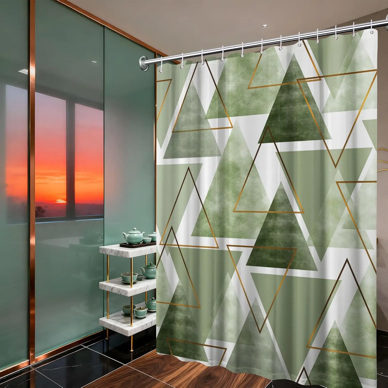 

Sage Green Geometric Shower Curtain – Modern Triangles & Gold Accents, Contemporary Bathroom Decor
