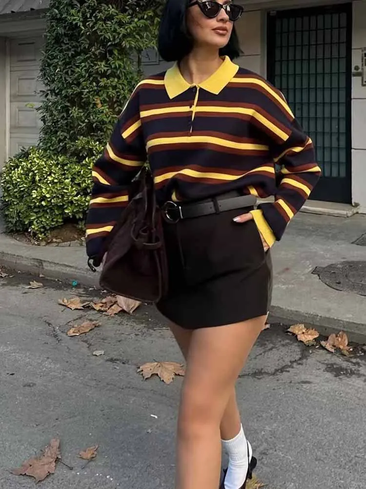 النمط الأوروبي والأمريكي الشتاء الملابس النسائية الجديدة زر أسفل سترة طويلة الأكمام قميص بولو مخطط طوق تريكو