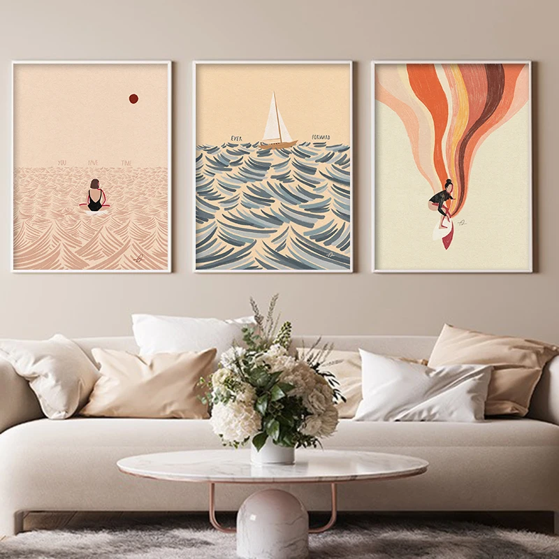 Nordic Minimalistic Art Surfing Paddling Swimming Sea Wave Print Poster Canvas Painting Abstract Wall Art for Room Home Decor